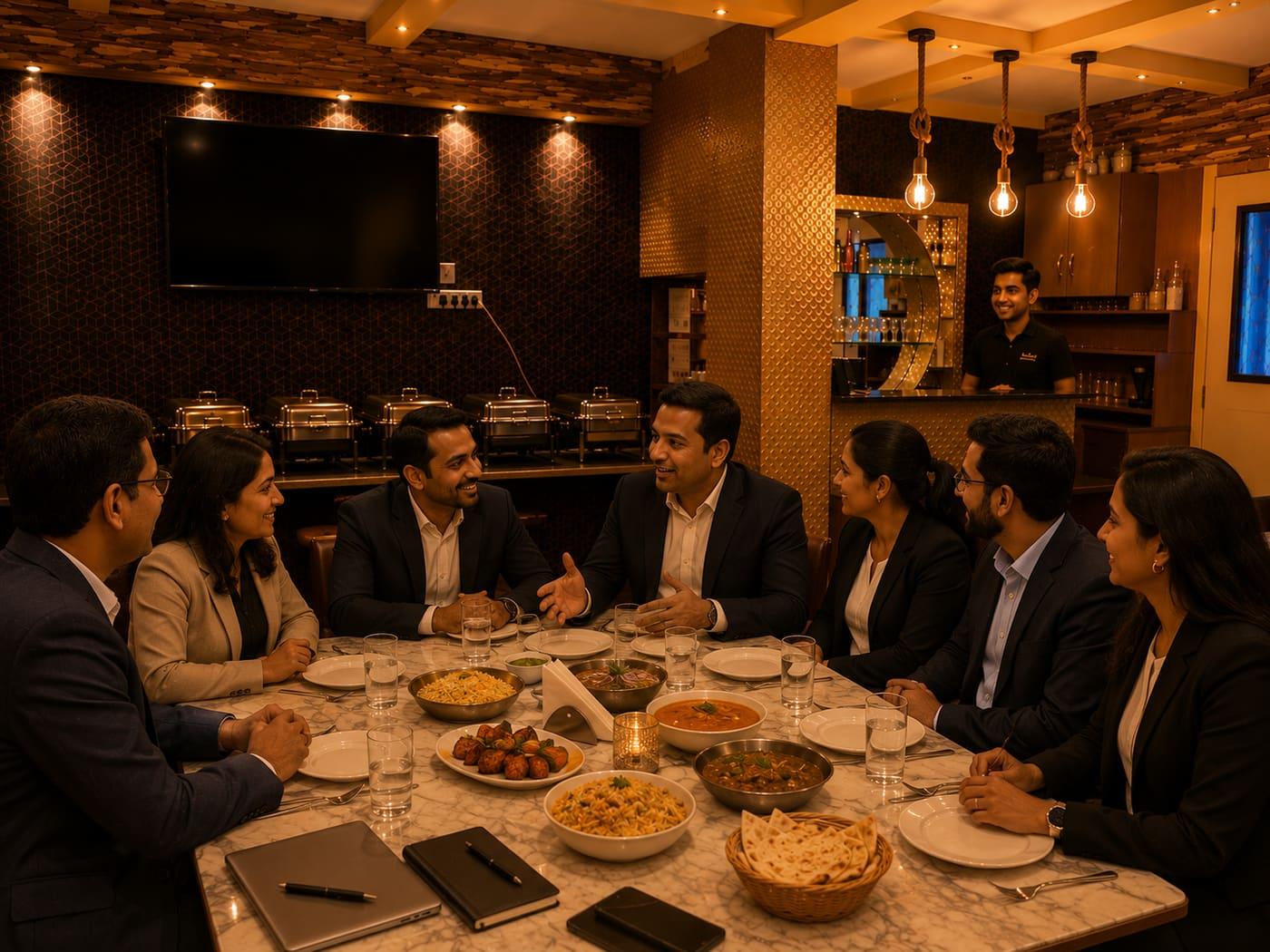 Professionals enjoying a private corporate dinner in a warm setting.