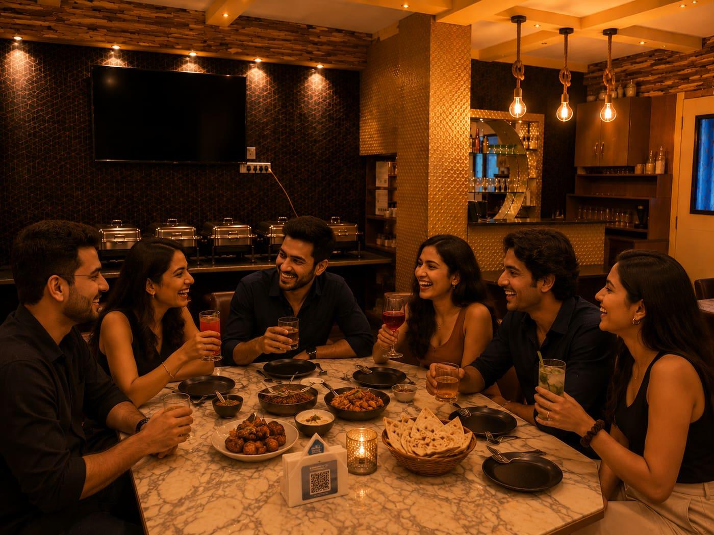 Friends reuniting over food and drinks in an intimate space.